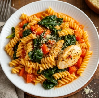 Фузилли с овощным соусом и куриным филе фото