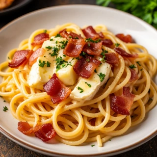 Паста с беконом и камамбером фото